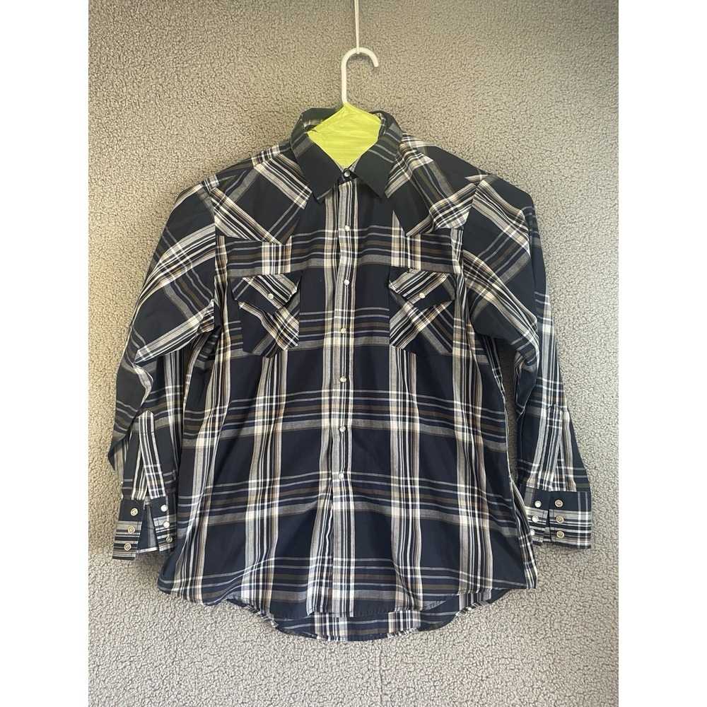 Plains Western Wear Shirt Mens L White Blue Plaid Pearl Snap Short Sleeve Cowboy